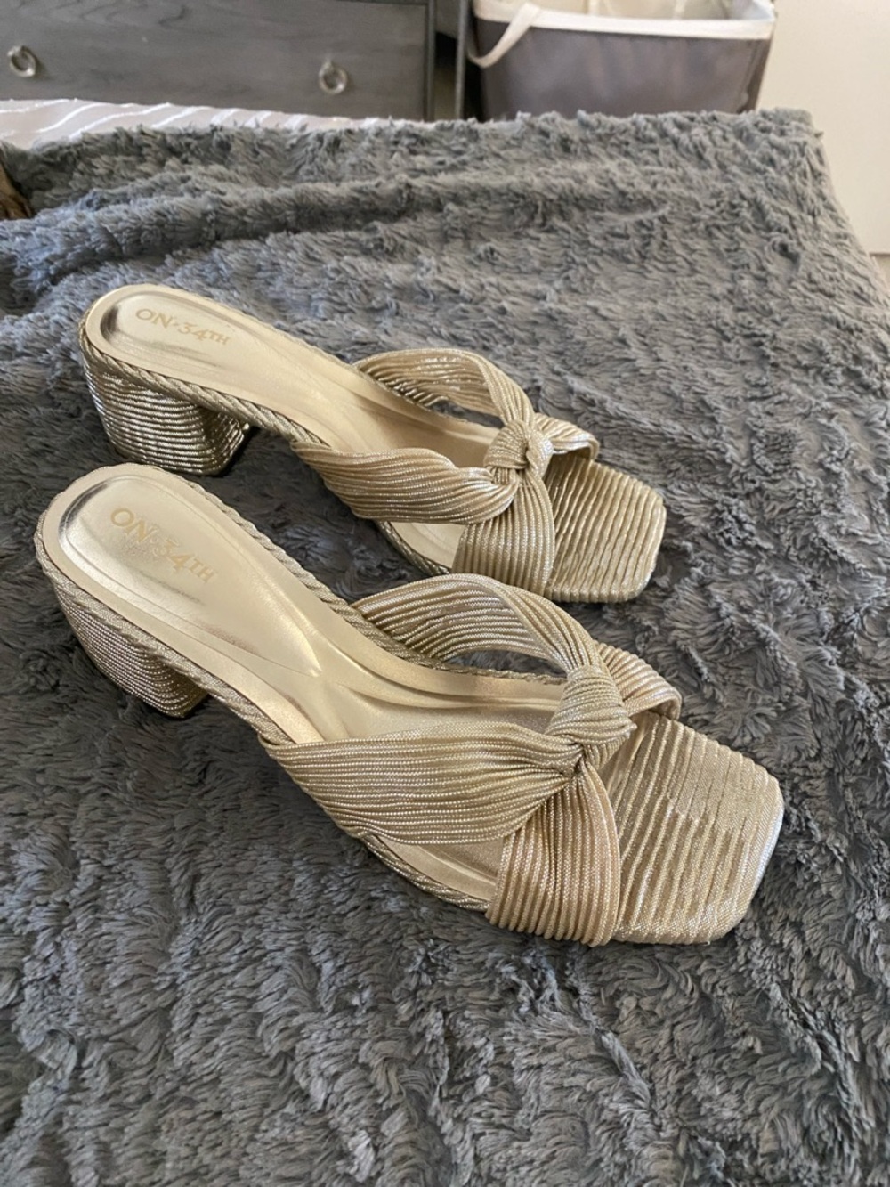 Metallic Gold Knot-Front Block Heel Mules